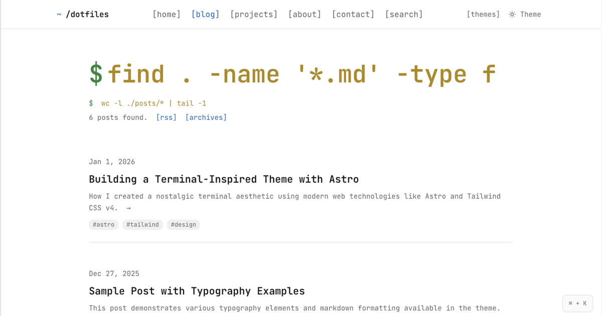 Blog listing page with terminal styling
